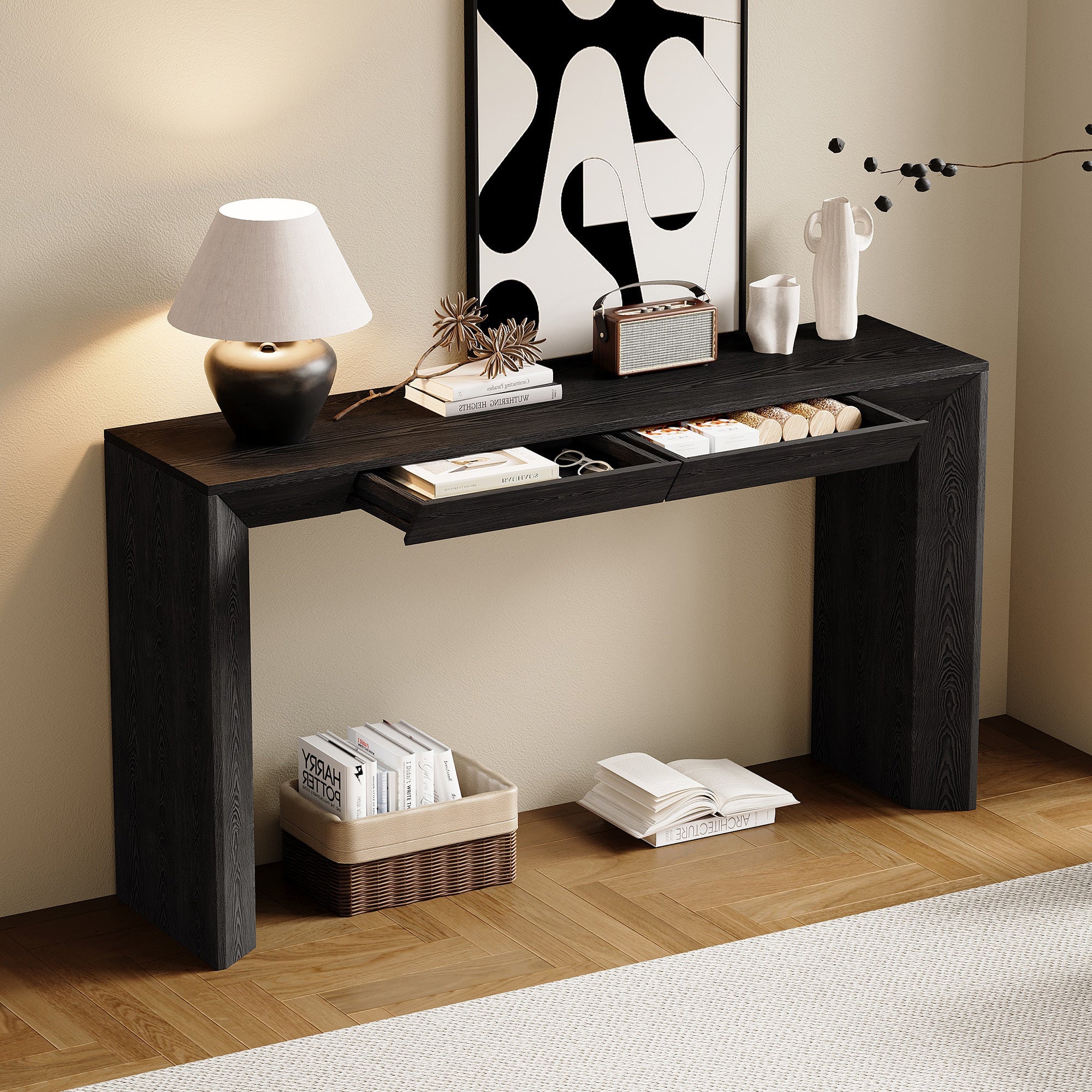 TREXM 60' Modern Farmhouse Console Table with 2 Concealed Drawers, Waterfall Design Entryway Table with Thickened Legs & Rustic Wood Grain for Living Room, Entryway & Hallway (Black)