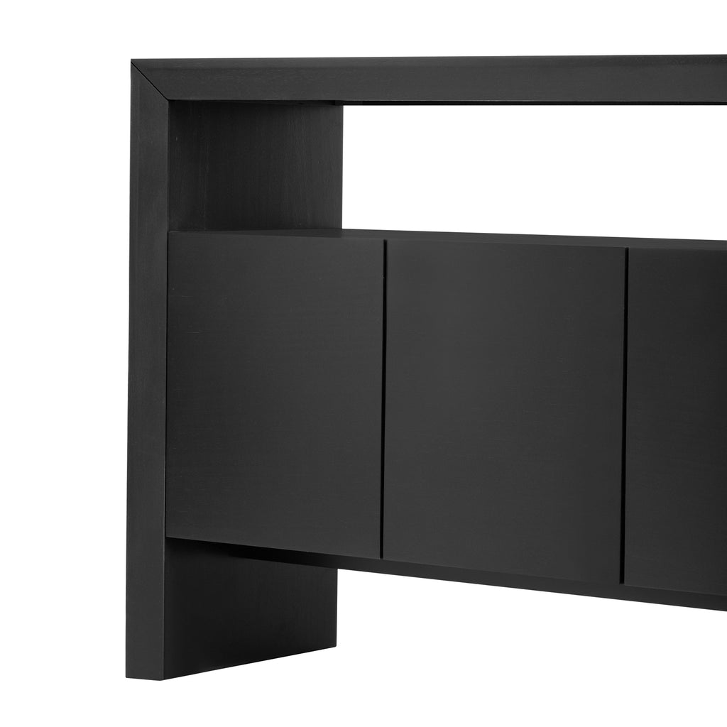 U_Style 60' 4-Door Sideboard, Modern Minimalist Solid Wood Veneer Sideboard with Open Shelf, Natural Wood Grain, Large Capacity Storage Console for Living Room, Hallway, Dining (Black/Natural)