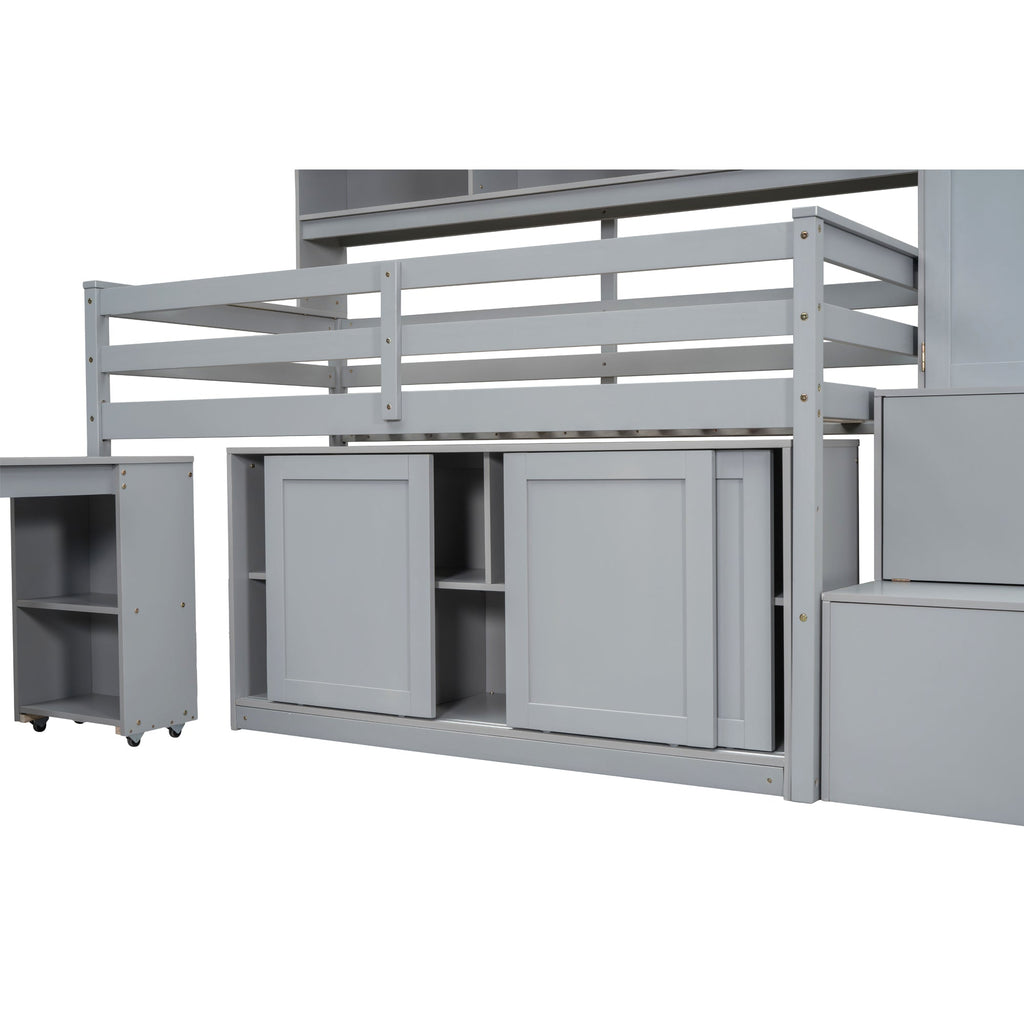 Twin Size Wooden Loft Bed Big Storage with Under-bed Desk, with Drawers, with Shelves, Gray