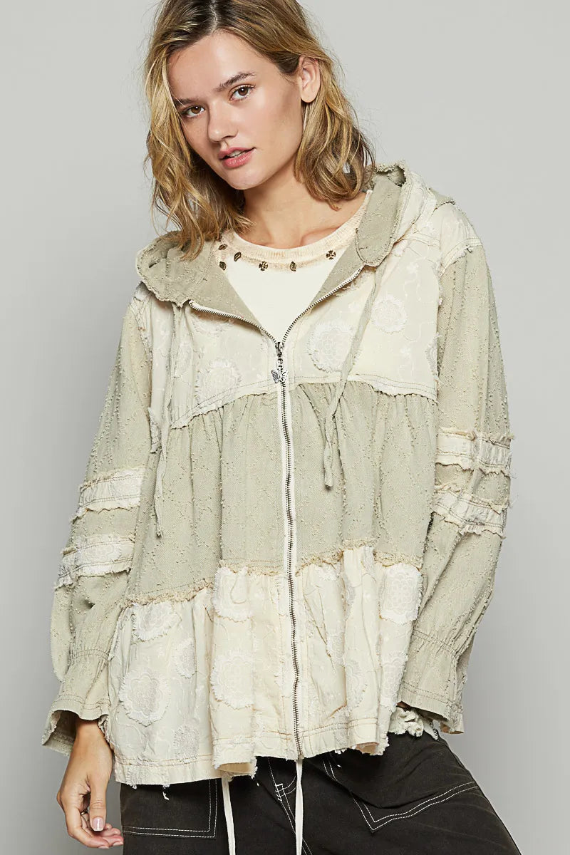 POL Raw Hem Color Block Hooded Jacket