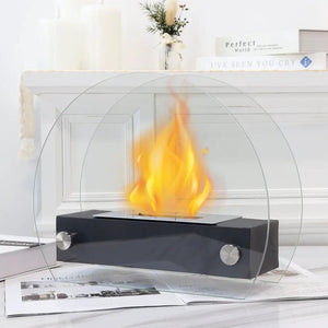 JHY Design portable tabletop ventless bio-ethanol fire pit, 35cm, black base with brushed metal knobs and glass halo