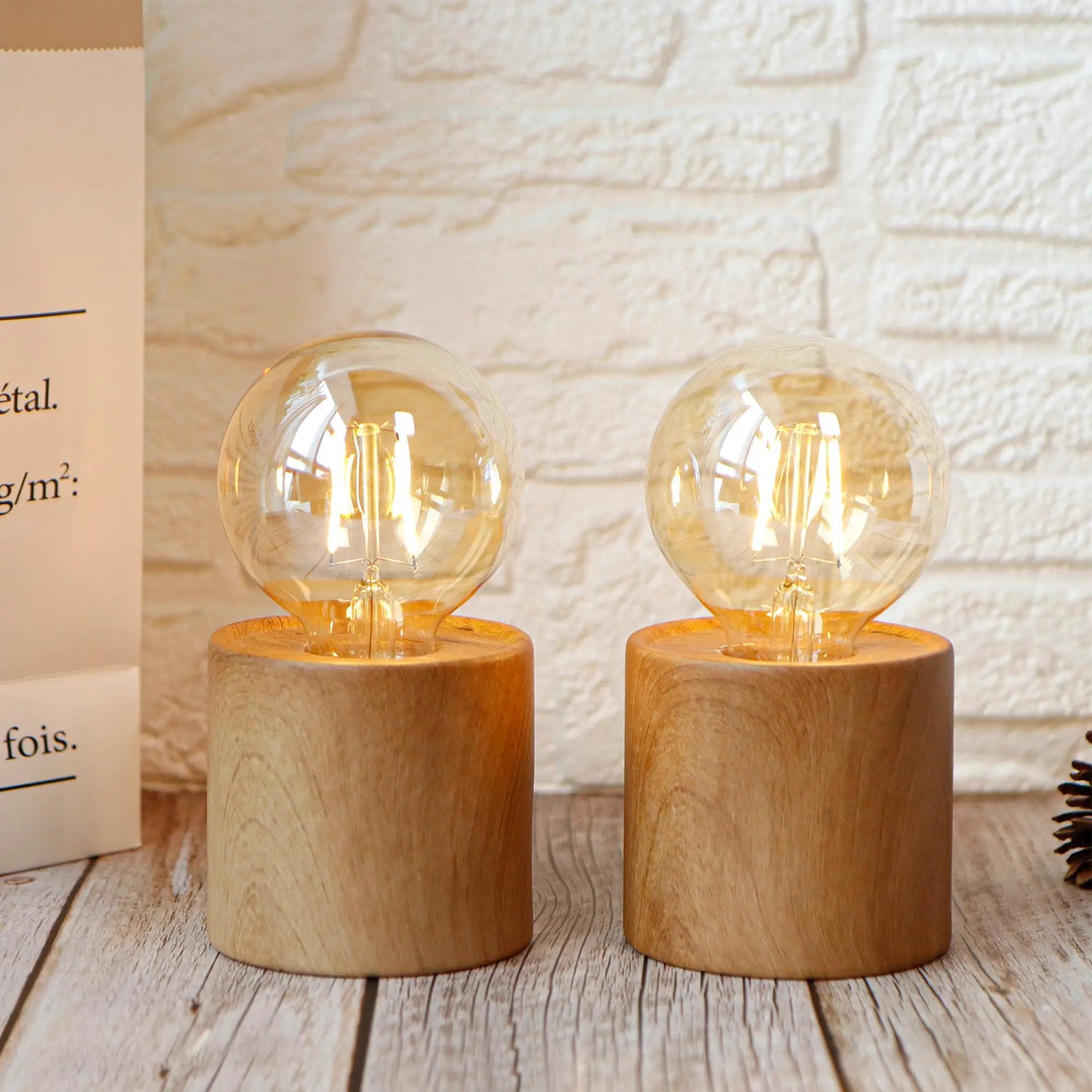 Set of 4 wood-grain battery-operated table lamps, 6.5 inches tall