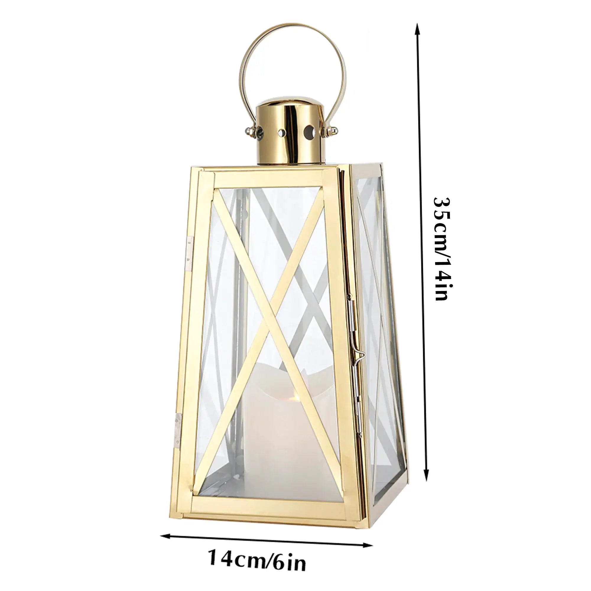 12''H decorative lantern, gold-tone stainless steel with glass panels and circular ring handle, JHY DESIGN.