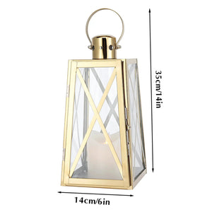 12''H decorative lantern, gold-tone stainless steel with glass panels and circular ring handle, JHY DESIGN.