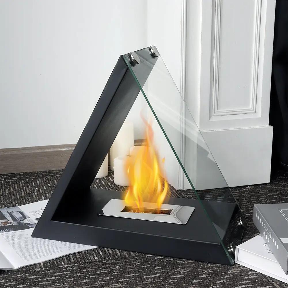 JHY DESIGN glass tabletop fireplace with black metal base and clear glass panel, gel/ethanol flame.