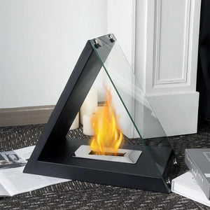 JHY DESIGN glass tabletop fireplace with black metal base and clear glass panel, gel/ethanol flame.