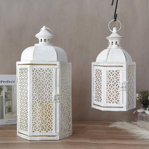 JHY DESIGN outdoor candle lanterns, white distressed metal with lattice panels, 15-in and 11-in high (2-pack)
