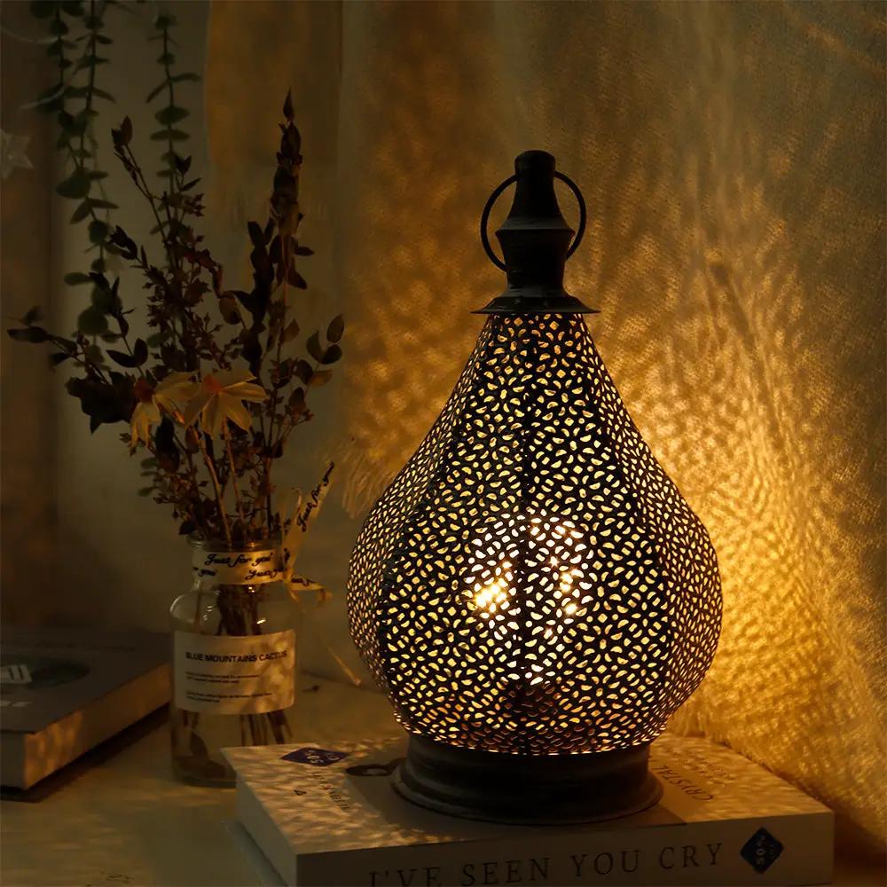 Moroccan metal table lamp, cordless battery-powered with LED fairy lights, warm glow