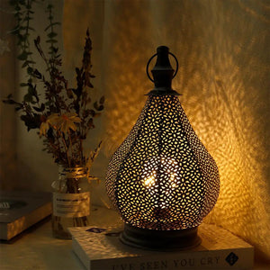 Moroccan metal table lamp, cordless battery-powered with LED fairy lights, warm glow