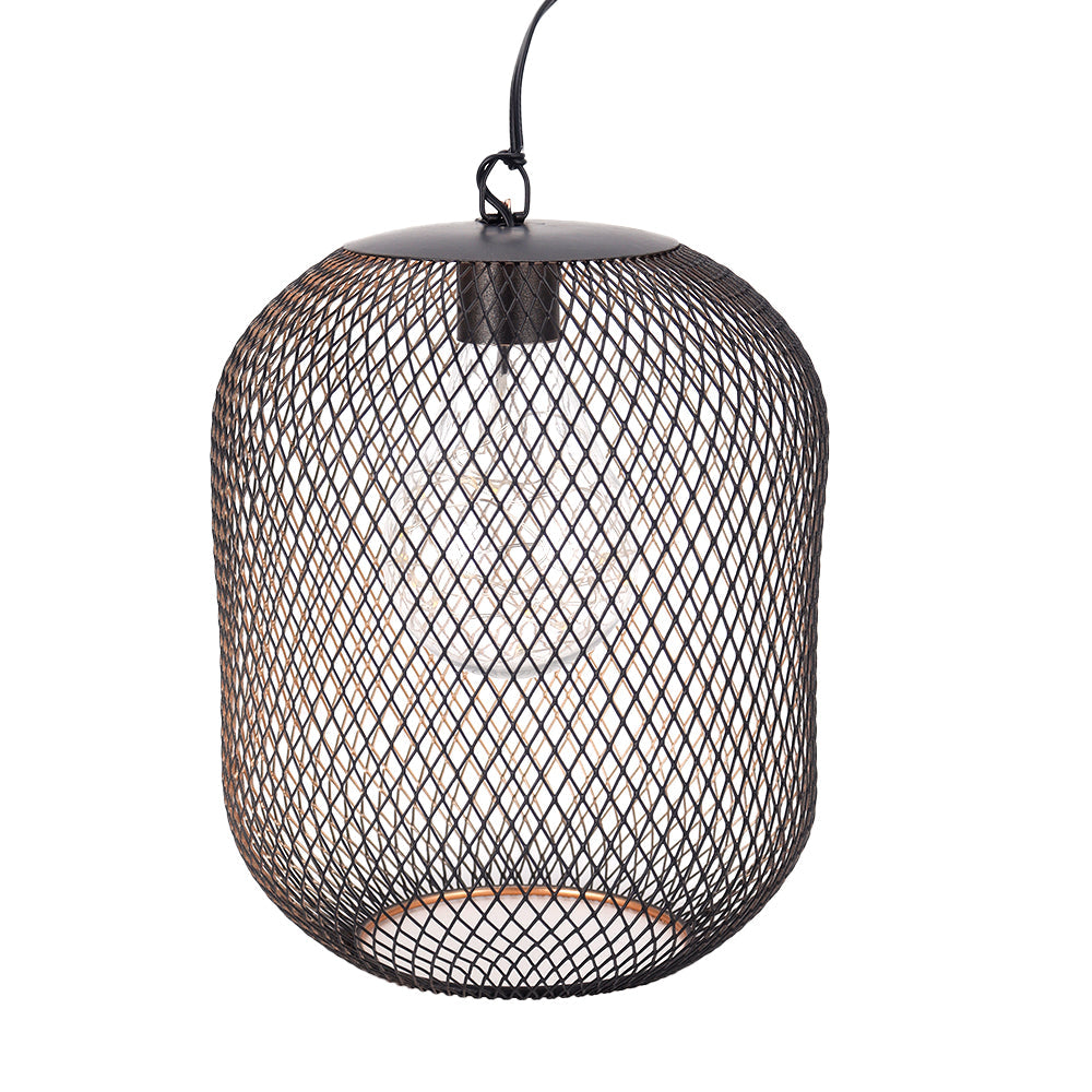 Battery-operated hanging mesh lantern lamp, 8.5-inch tall with a dark metal finish and visible bulb.