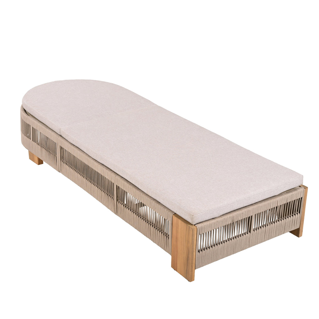 Outdoor Rope Chaise Lounge Set of 9, Patio Lounge Chairs, Outside Poolside Lounge Furniture, Teak look wood Side Table and Beige Cushions, Chaise Lounge with Adjustable Backrest( Beige rope)