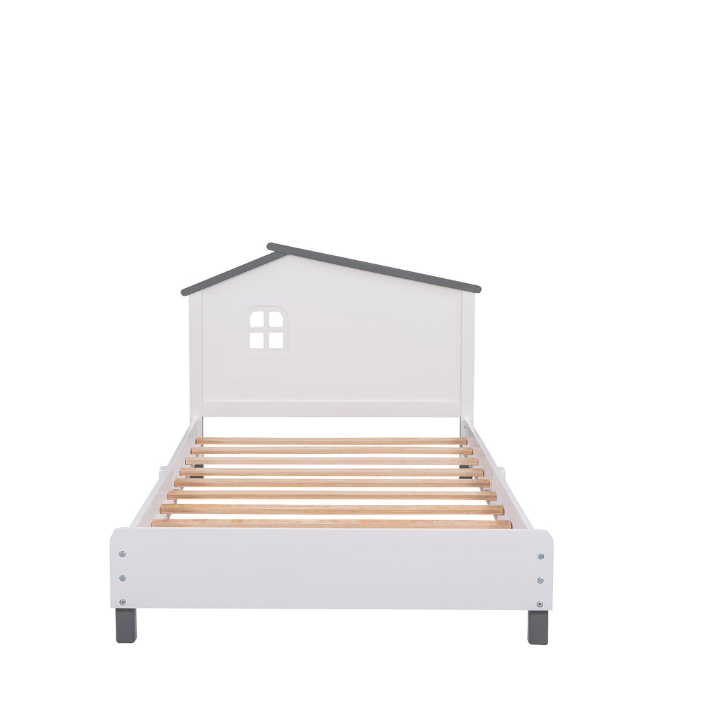 Twin Size Wood Platform Bed with House-shaped Headboard  (White+Gray)