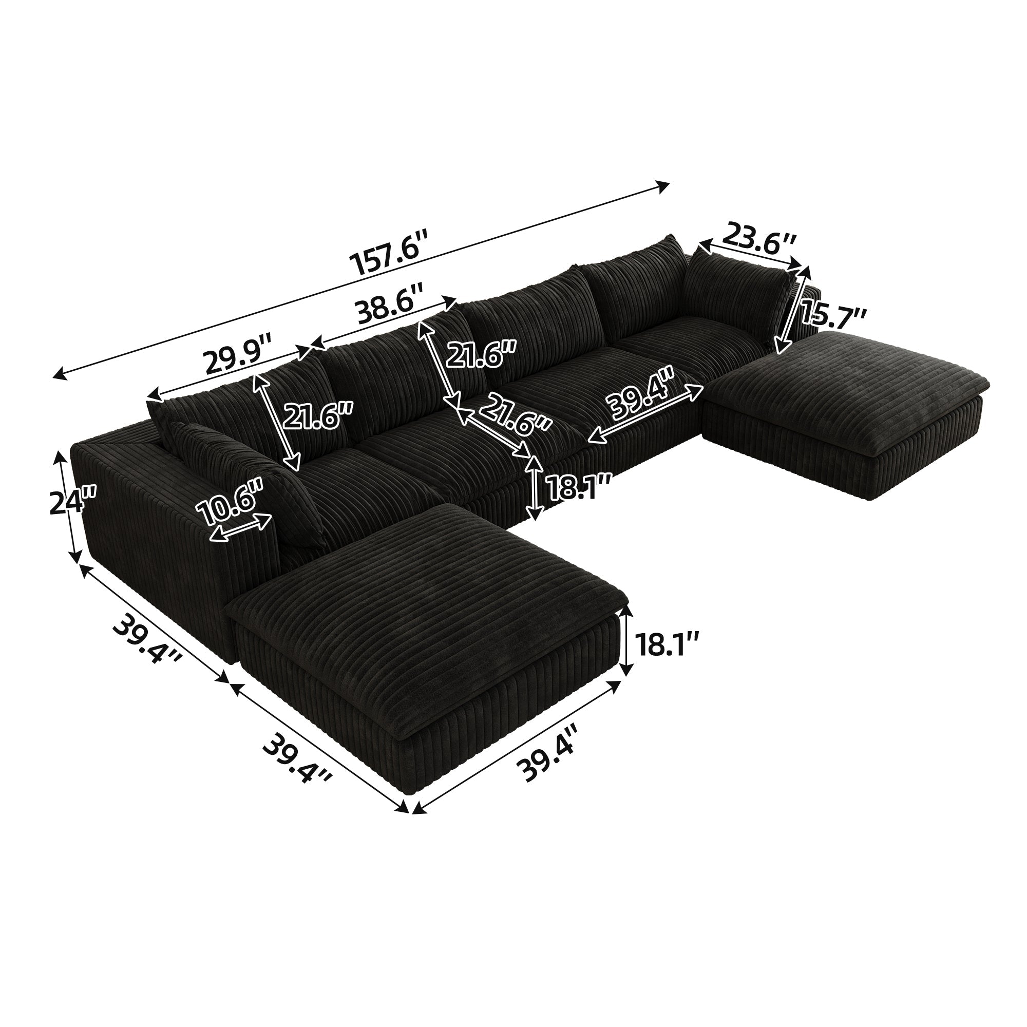 157.6'Cloud Sofa,Corduroy Fabric,Deep Seat Couches,Double-layer design,Removable  Cushion,No Assembly,DIY Combination for Living room, Bedroom,Conference room ,Apartment,Black