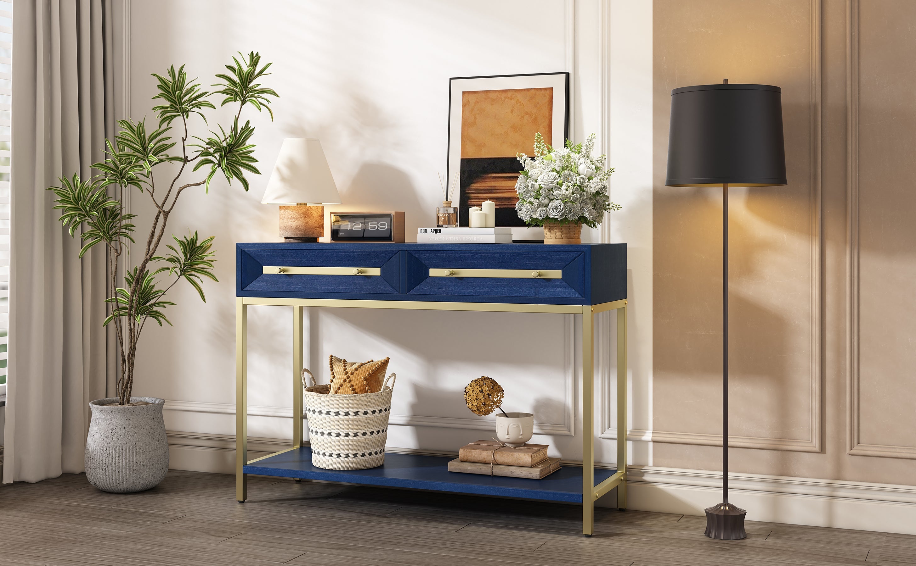 TREXM Entryway Table, Console Table with Two Drawers, Retro Hallway Table with Striking Geometric Design for Entryway and Living Room (Navy)