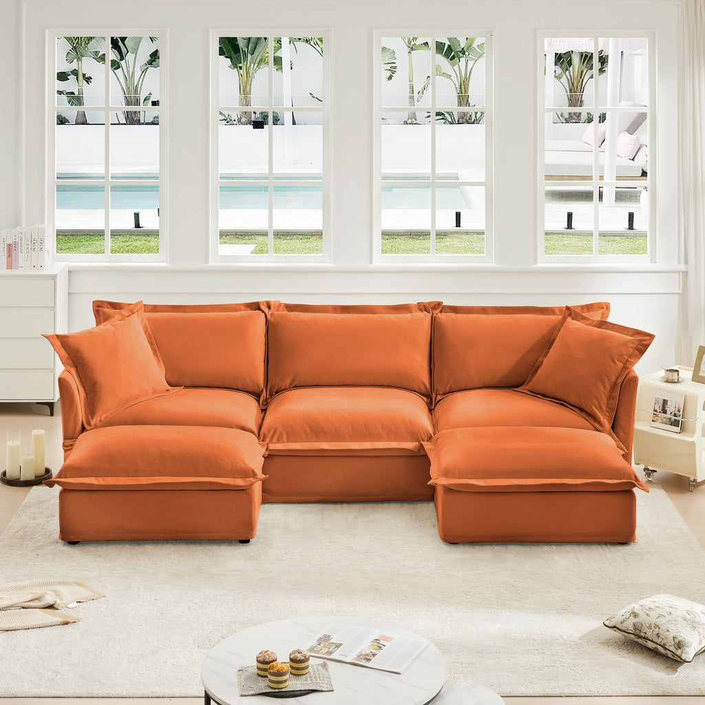 Slipcovered U Shape Sectional Deep Seat Sofa Couch, 3 Seater Sofa with French Edges Design Multiple Big Pillows, Modular Deep Seat Sectional Sofa Comfy Cloud Couch for Living Room, Apartment,Chenille