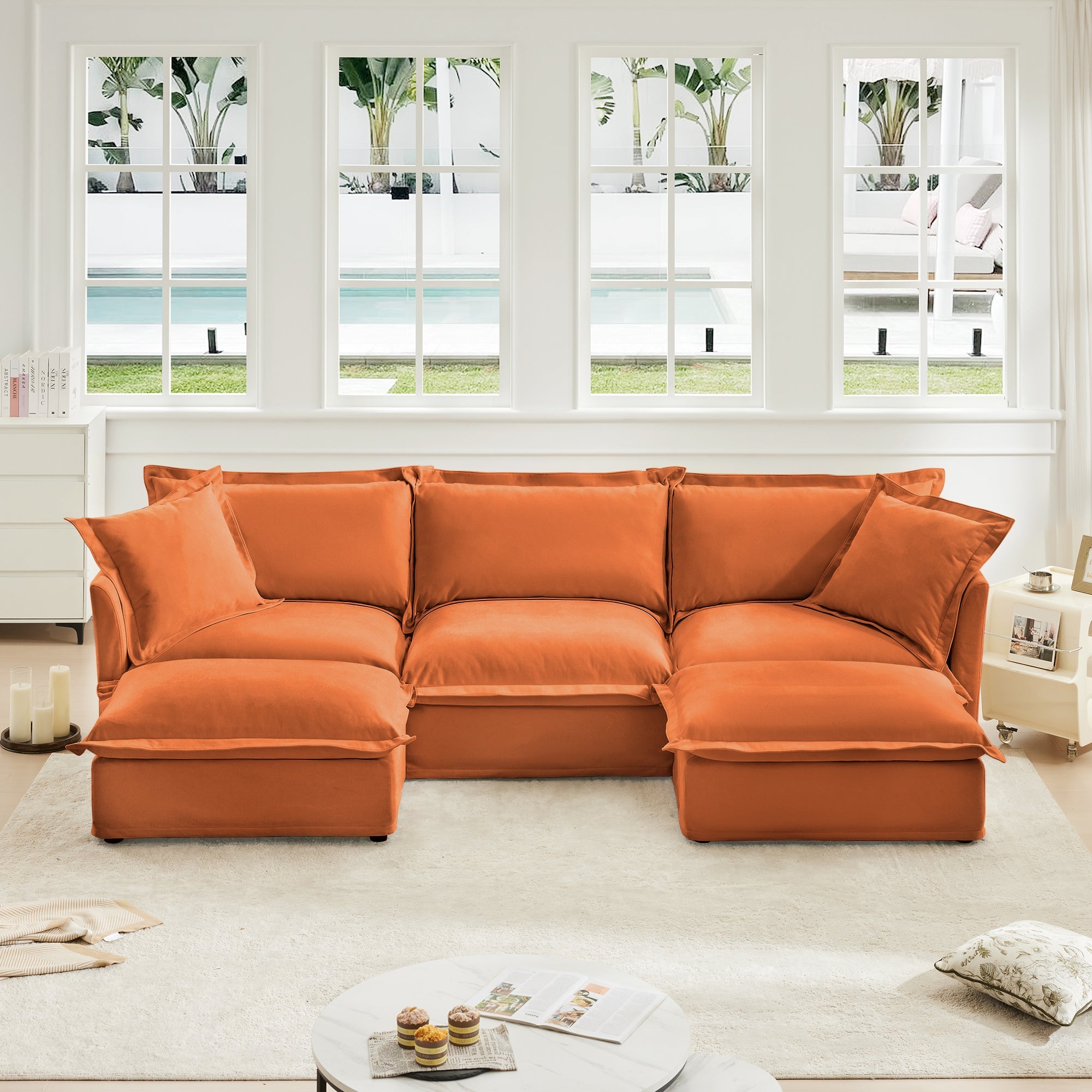 Slipcovered U Shape Sectional Deep Seat Sofa Couch, 3 Seater Sofa with French Edges Design Multiple Big Pillows, Modular Deep Seat Sectional Sofa Comfy Cloud Couch for Living Room, Apartment,Chenille