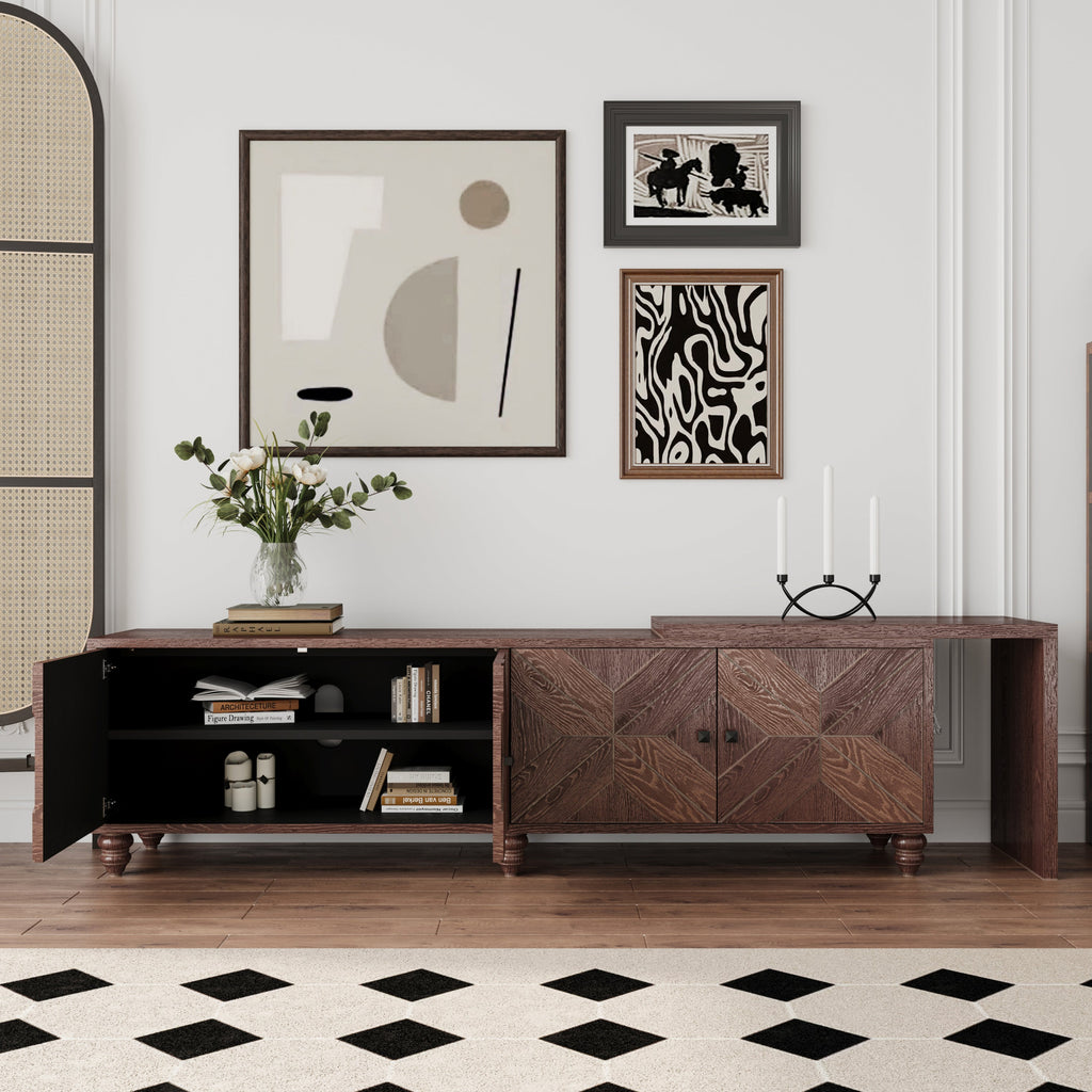 70'-90' Extendable TV Cabinet, Modern Entertainment Center with Storage and Adjustable Shelves, Mid 
Century Lacquered and Real Wood Veneered TV Console for Living Room, Hallway, Entryway, Walnut