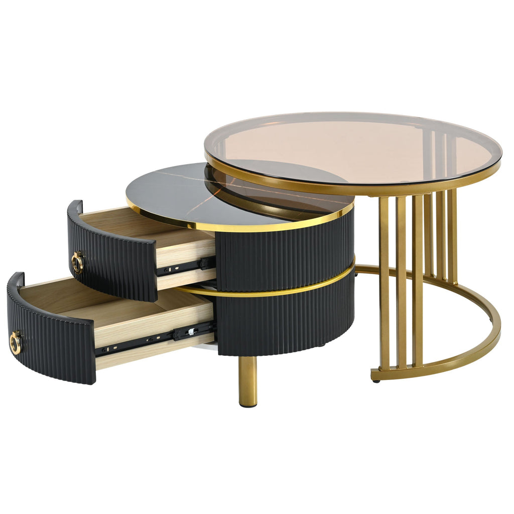 ON-TREND Φ27.5'' & Φ19.6'' Stackable Coffee Table with 2 Drawers, Nesting Tables with Brown Tempered Glass and High Gloss Marble Tabletop, Set of 2, Round Center Table for Living Room, Black