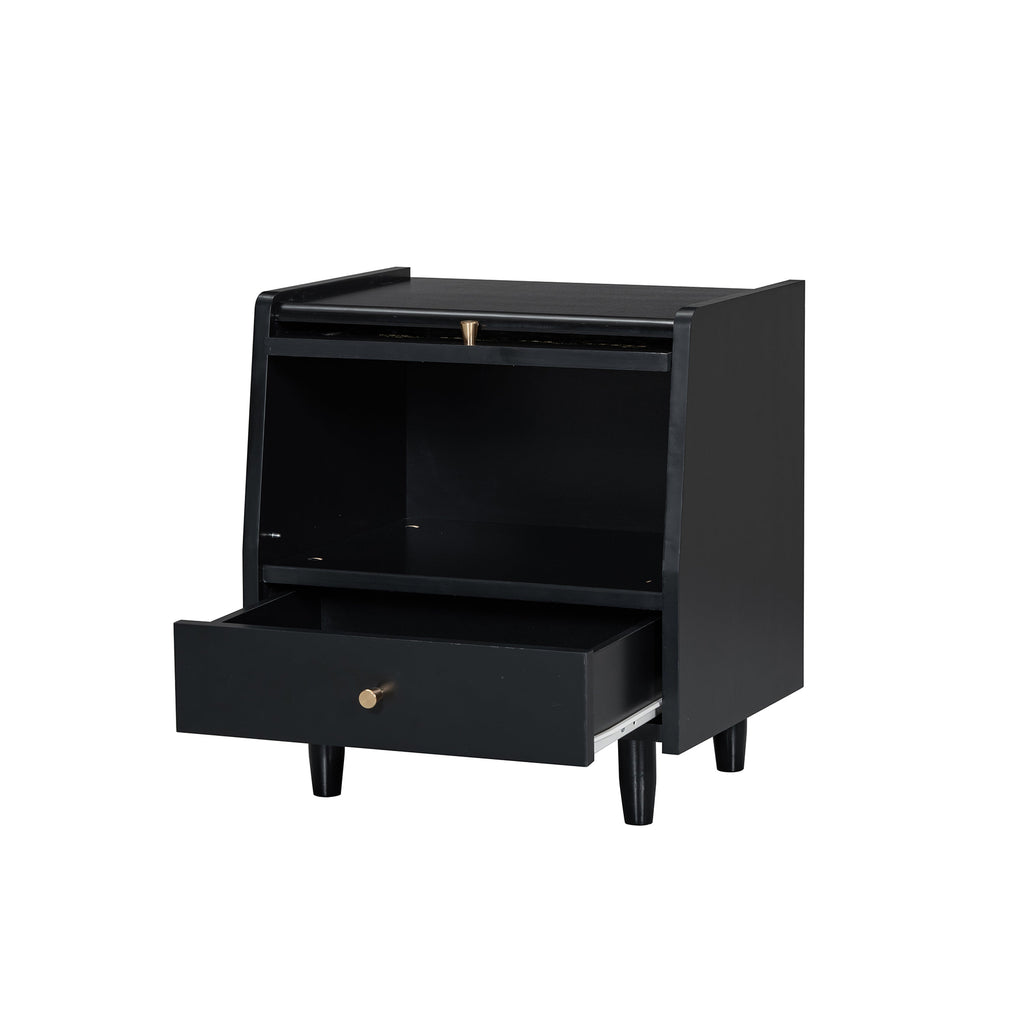 3 Pieces Bedroom Set with Full Size Wooden Bed Frame, 1 Vintage  Nightstand and 1 Makeup Vanity Set with Stool,Black