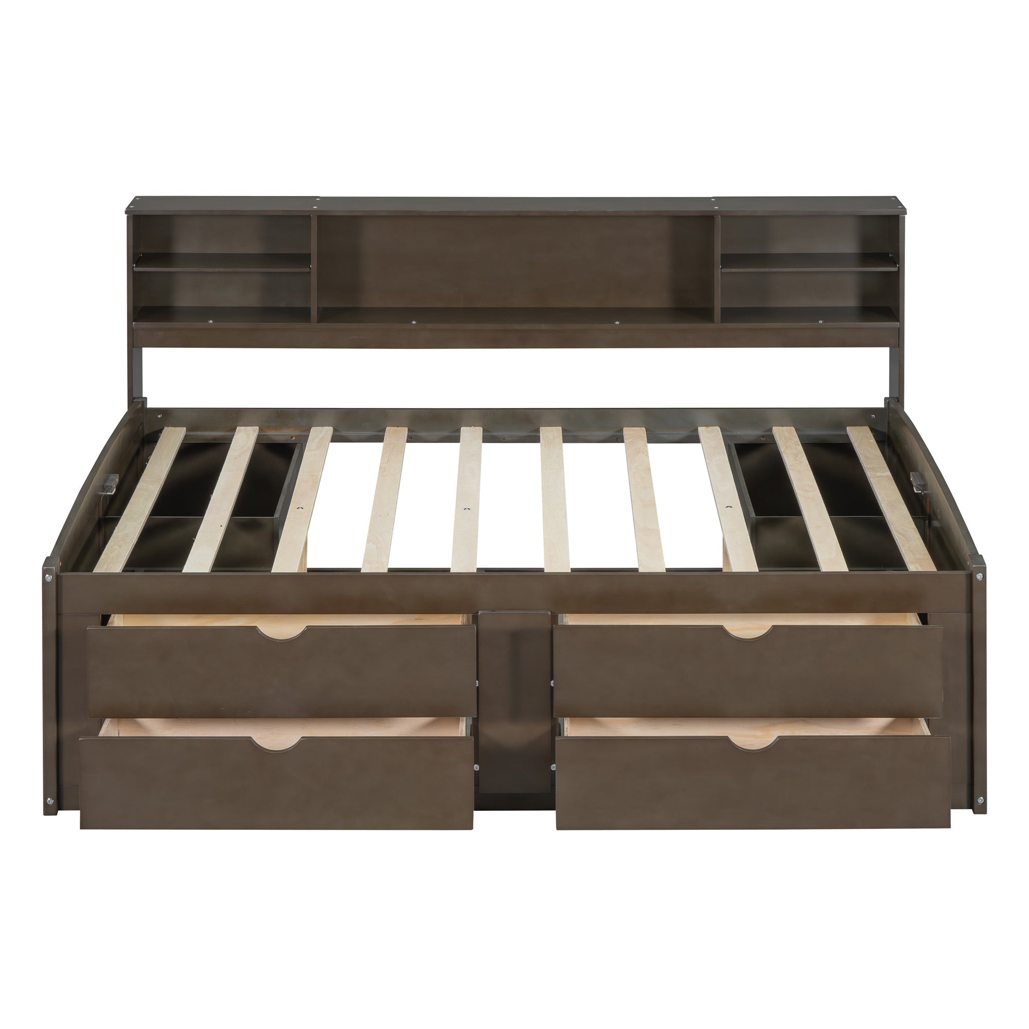 Full Size Wood Daybed with 2 Bedside Cabinets, Upper Shelves and 4 Drawers, Antique Brown
