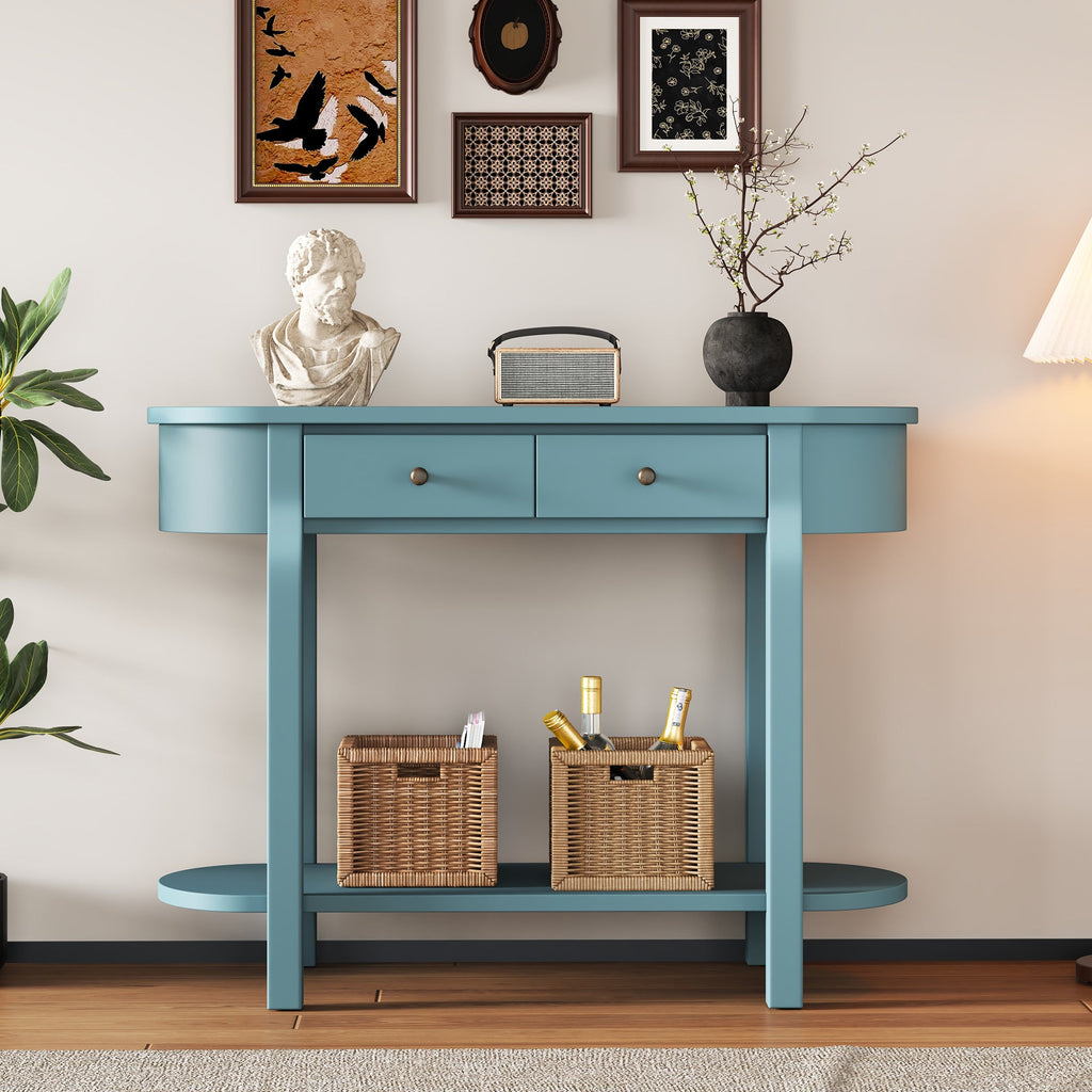 TREXM Elegant Retro Console Table with Curved Design and Smooth Glaze for Entryways, Living Rooms and hallways (Turquoise Green)