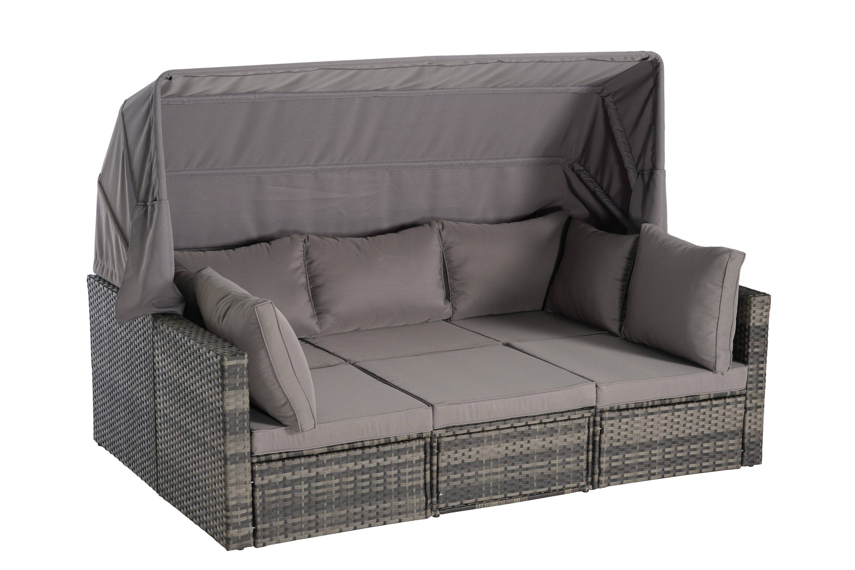 5 Pieces Outdoor Patio Wicker Daybed Furniture Set with Retractable Canopy, Storable Side Table, and Soft Cushions for Relaxing in Your Backyard or Porch
