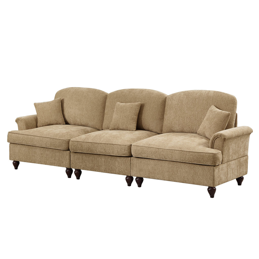 Elegant Mid Century Large 3 Seater Sofa Couch with Flared Arms and Removable Ruffles Pleats Skirts and Spindle Legs, Comfy Chenille Three-Seat Sofa for Living Room, Light Coffee