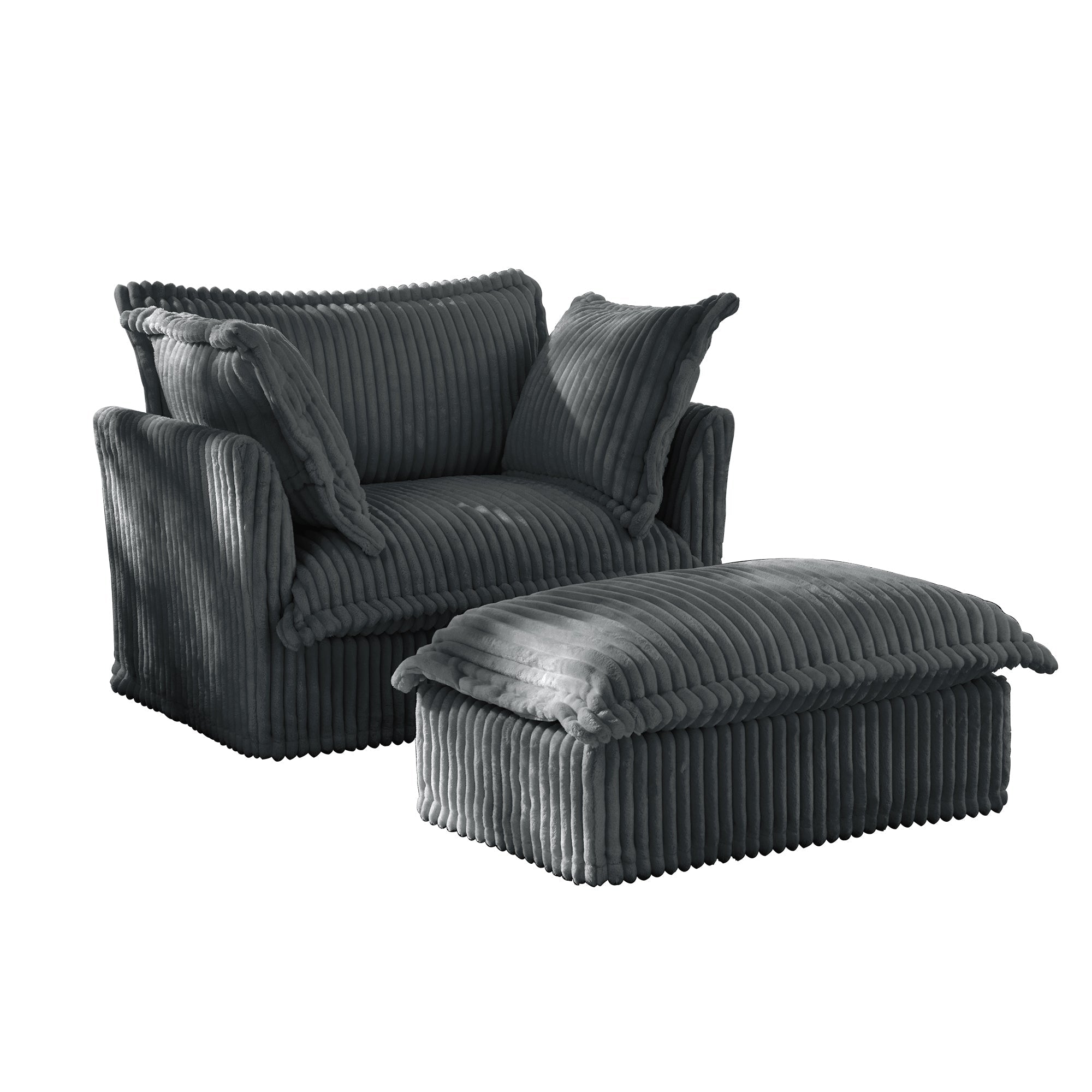 Upholstered Slipcovered Armchair with Ottoman,  Deep Seat Armchair W/ Wide Ottoman for Living Room, Armchair Sets with Large Soft Pillows(Set of 2),Gray Corduroy Fabric
