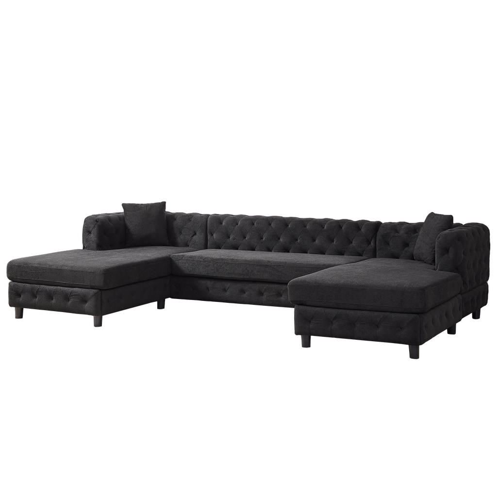 126-inch Modern Style Chenille Three Piece Sofa, Pull Point Design U-shaped Sofa two Chaise Longue Seats, two Pillows and Plastic Feet, Suitable for Living room, Bedroom, Lounge and Projection Room