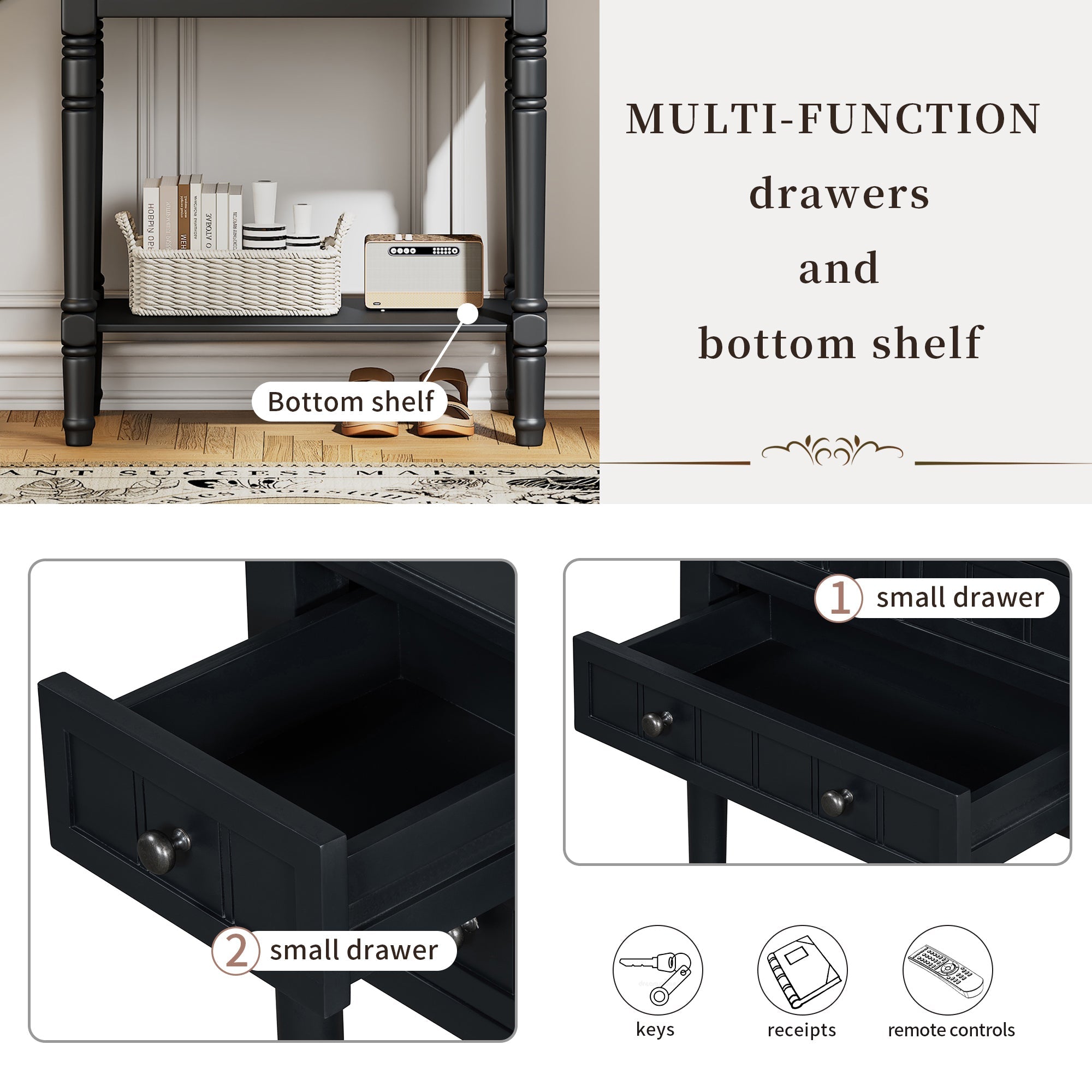 TREXM Narrow Console Table, Slim Sofa Table with Three Storage Drawers and Bottom Shelf (Black)