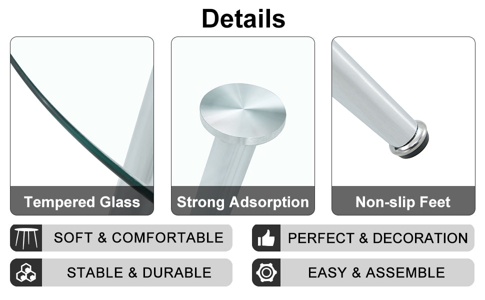 A glass tabletop with a diameter of 40 inches and a modern minimalist circular dining table with silver metal legs.Suitable for living rooms, and conference rooms.W1151S03392