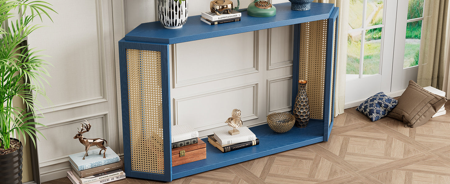 TREXM Narrow Console Table with Unique Irregular Top Design, Entryway Table with Open Shelf, Rattan Sofa Table for Living Room Hallway and Entrance (Antique Blue)