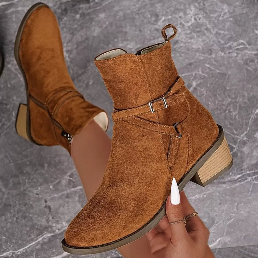 Side Zip Block Heels Boots