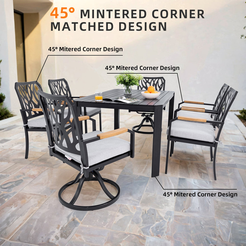 7-PC Outdoor Patio Aluminum Furniture Set, with 4 Dining Chairs & 2 Swivel Rockers Sunbrella Fabric Cushioned, Nature-Inspired Branch-Like Backrest, Rectangular Table with Umbrella Hole,Bourbon Brown