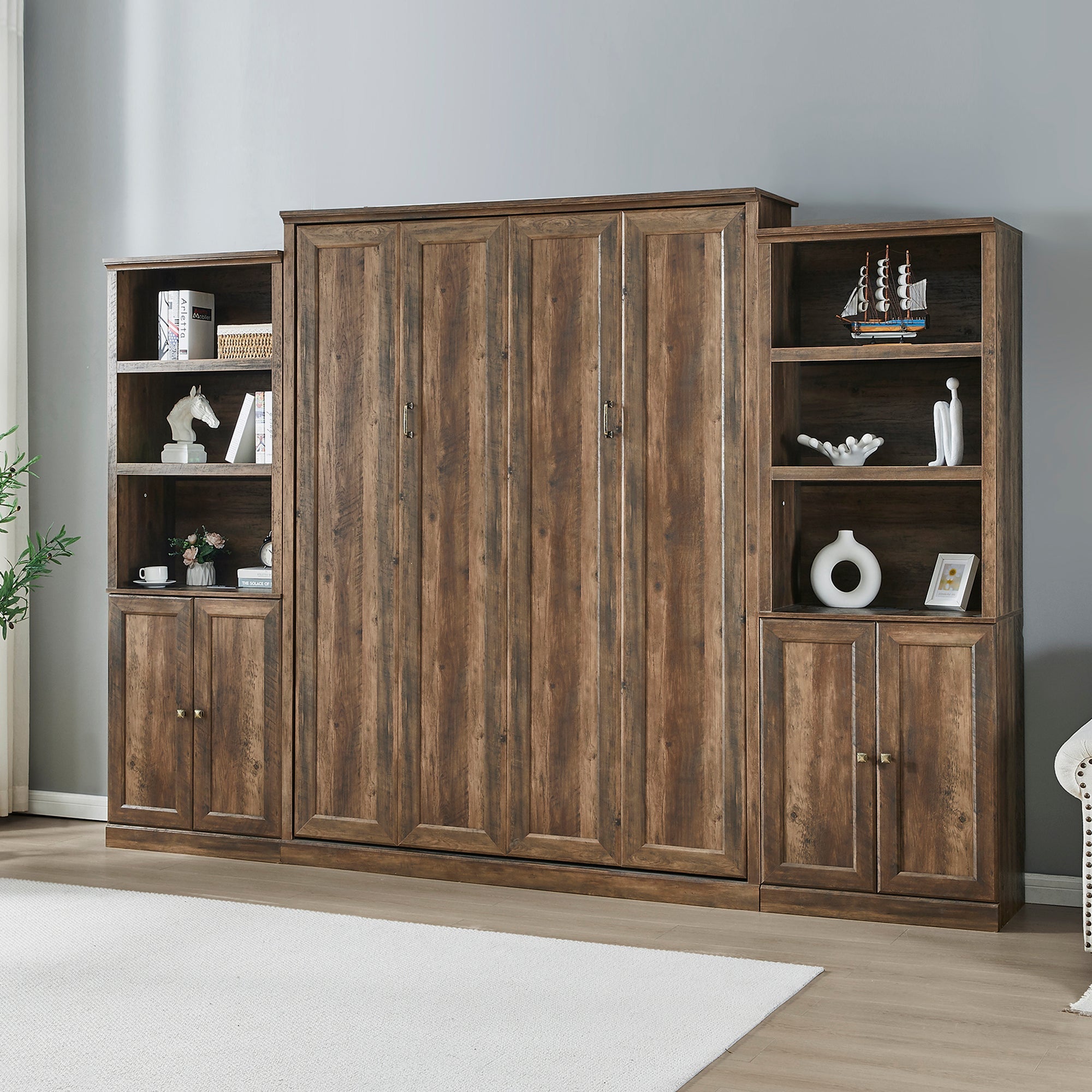 Queen Size Half Self-Close and Open Murphy Bed with 2 Side Cabinet Storage Shelf, Cabinet Space-Saving Bed Perfect for Guest Room, Bed Room, Guest Room, Home Office, Brown