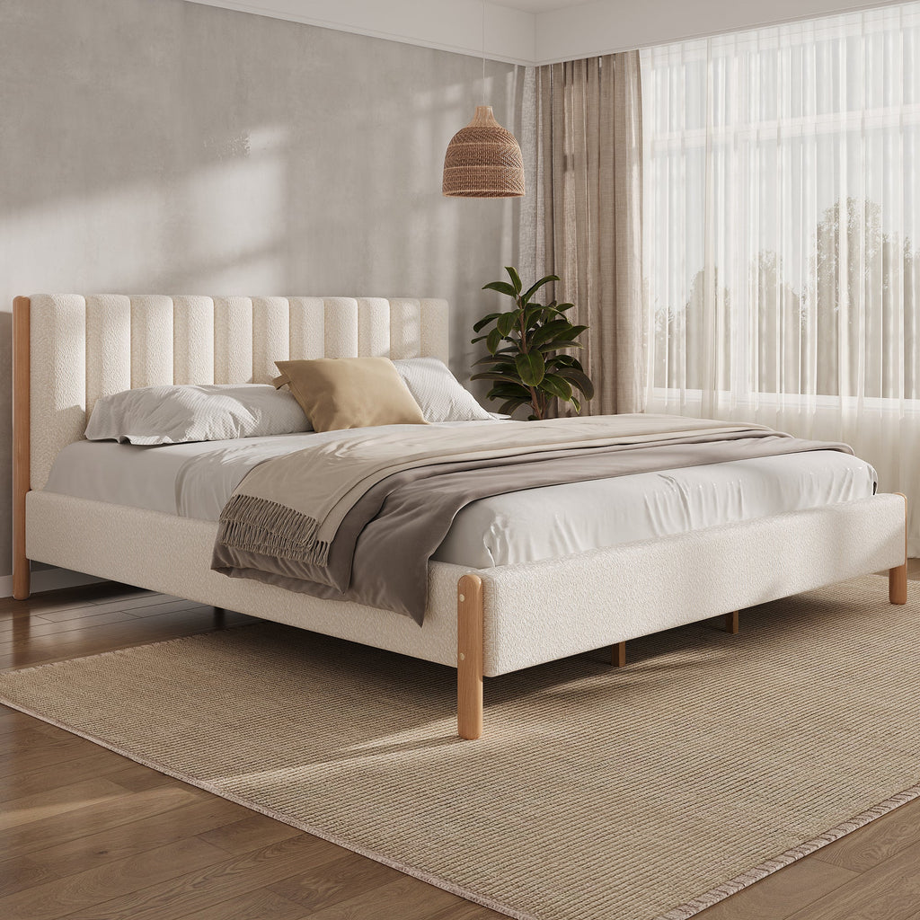 California King Size Bed Frame with Boucle Upholstered Thick Headboard, Solid Wooden Legs, White