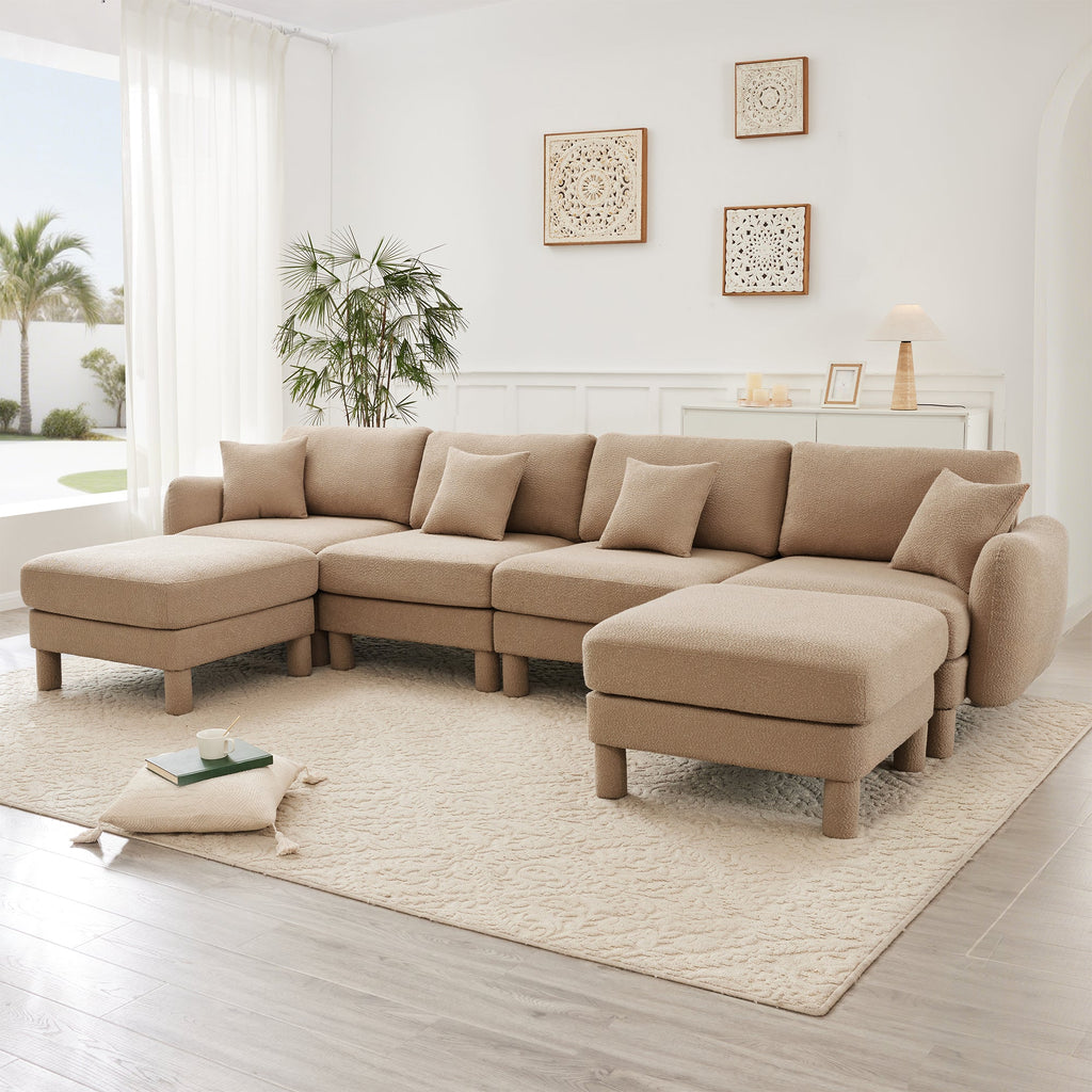 Boucle Fabric U Shape Sectional 4-seater Sofa Couch With Distinctive Shell-shaped Armrests And 2 Movable Ottomans,Cylindrical Legs Wrapped with Self-fabric,Coffee Color