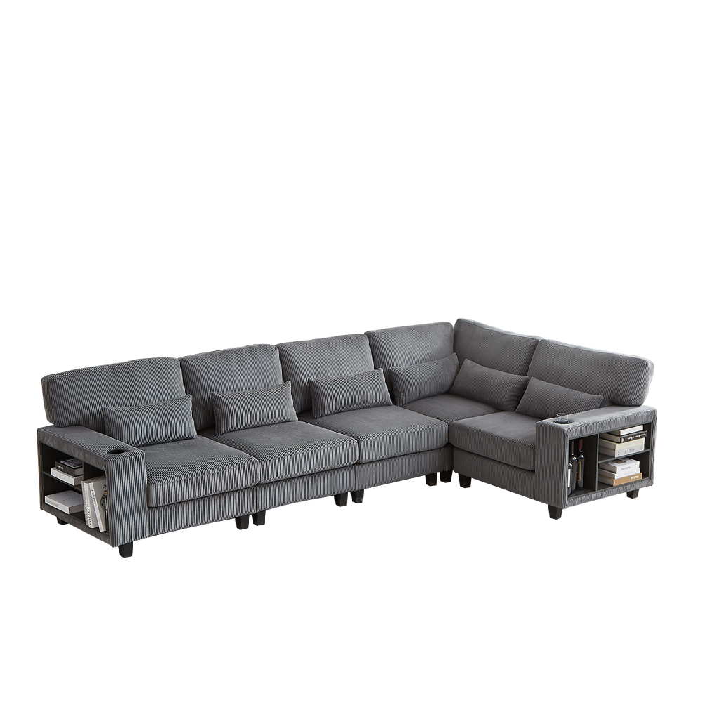 102.75*102.75' L-Shaped Modular Sectional Sofa, Modern Corduroy Sectional Sofa, Arm with Storage With Cup Holder 5-Seat Convertible Sectional Sofa for Living Room, Bedroom, Lounge and Projection Room