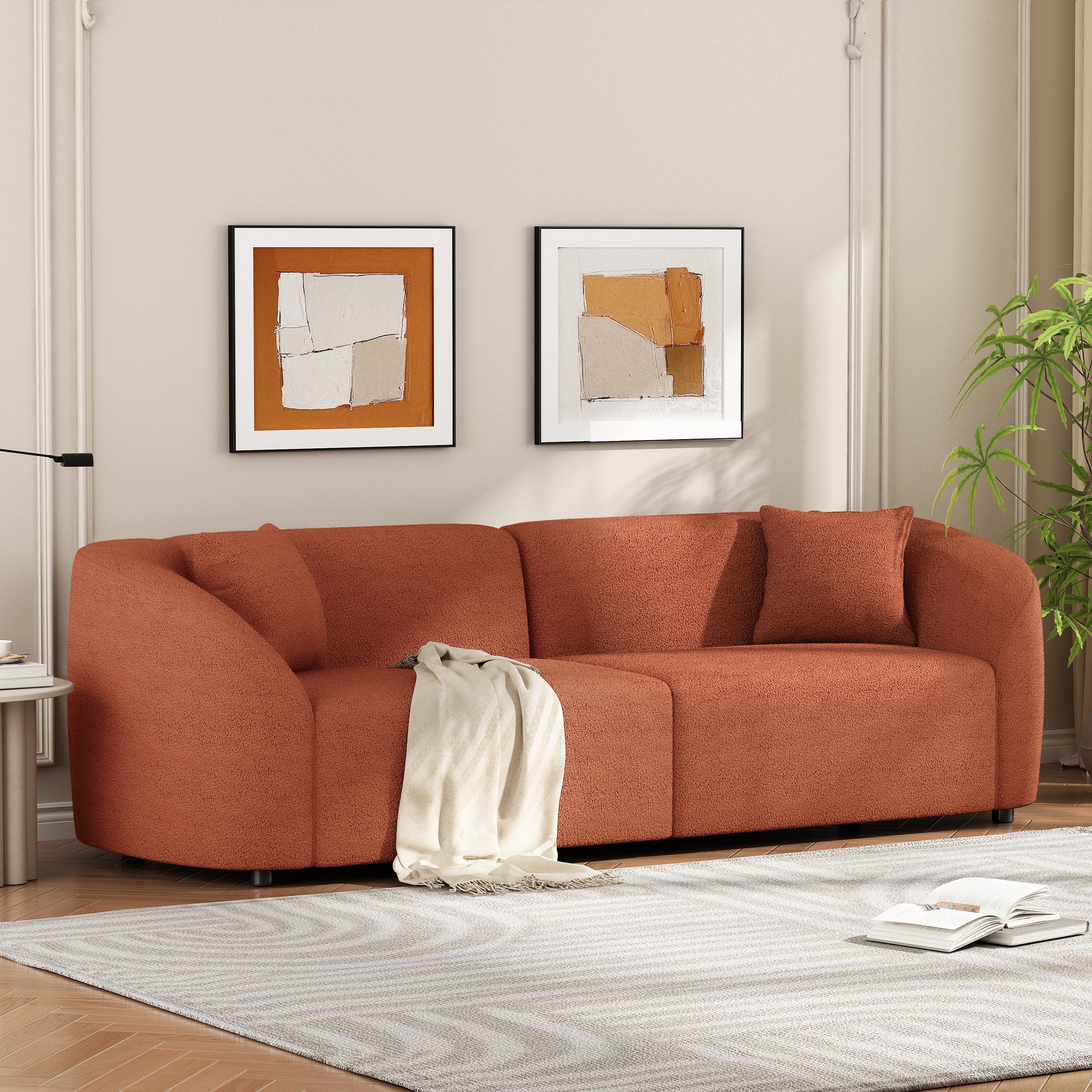 87' Curved Contemporary Sofa in Orange: Plush Seating, Streamlined Design, and Durable Frame – Ideal for Stylish Living Spaces