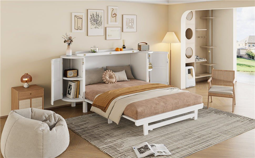 Queen Murphy Bed with Hidden Storage & Modern Woven Design,White