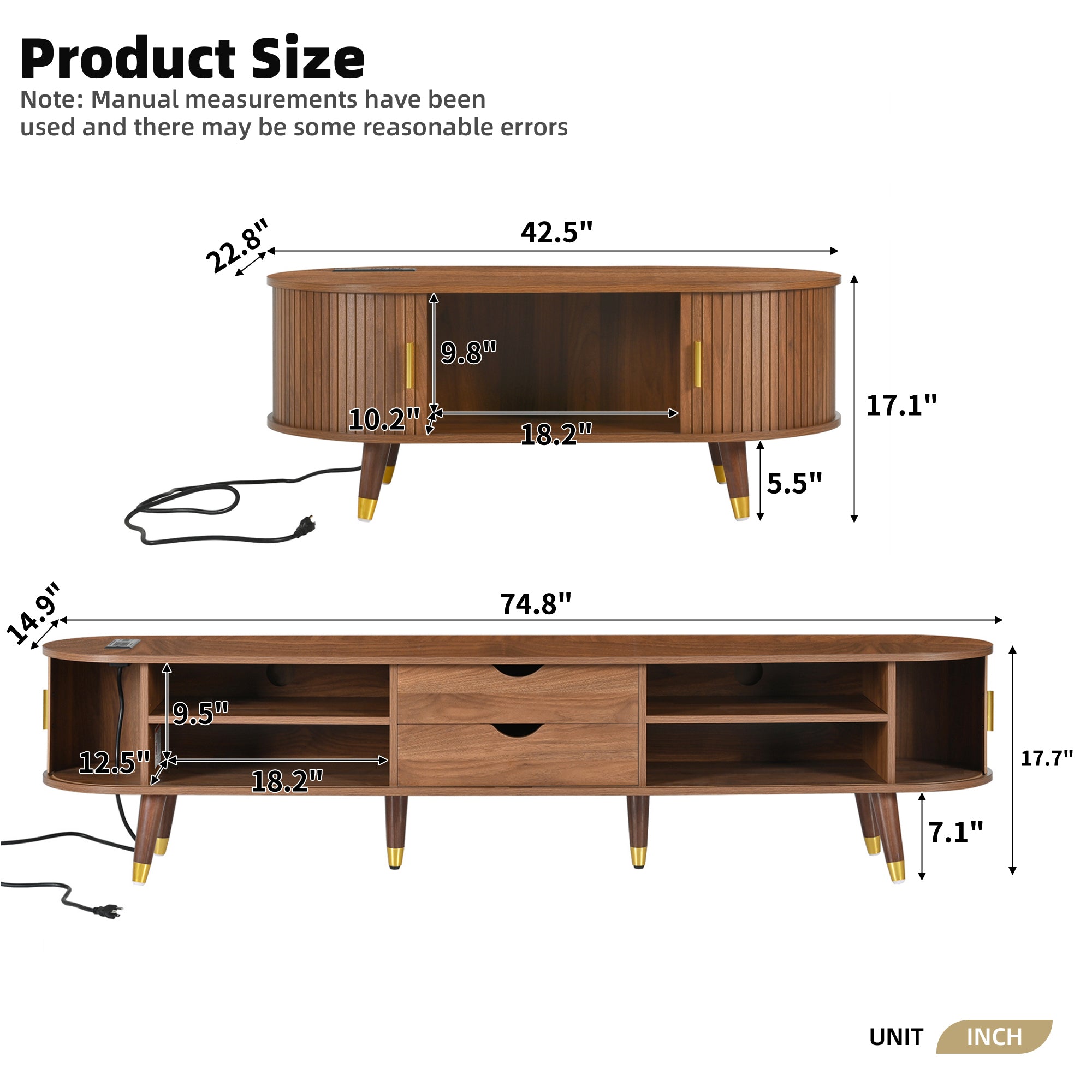 Wooden Farmhouse TV Stand & Coffee Table Set with Charging Station, Oval Fluted Media Console with Sliding Doors for TVs up to 80', Mid-Century Center Table with Solid Wood Legs for Living Room,Walnut