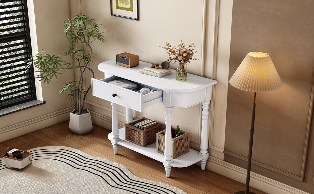 TREXM Narrow Console Table with Curved Corner, Retro Entryway Table with Top Drawer and Open Shelf, Sofa Table Console Tables for Entryway, Hallway and Living Room (White)