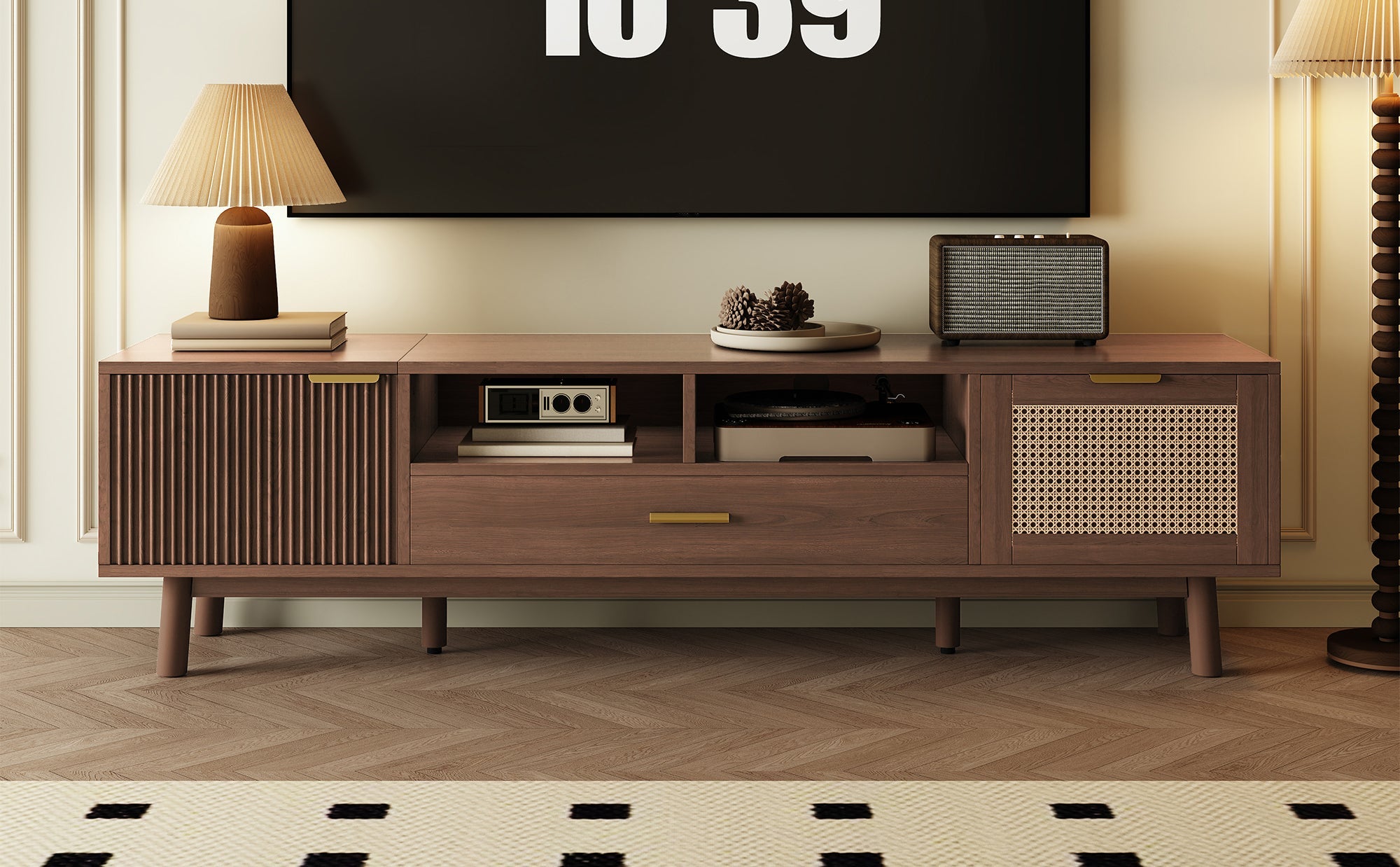 Wood Fashionable TV Stand for 75' TVs, TV Cabinet with Soft-Closing Door and Drop-Down Door Cabinet, Modern TV Consoles for Living Room, Bedroom
