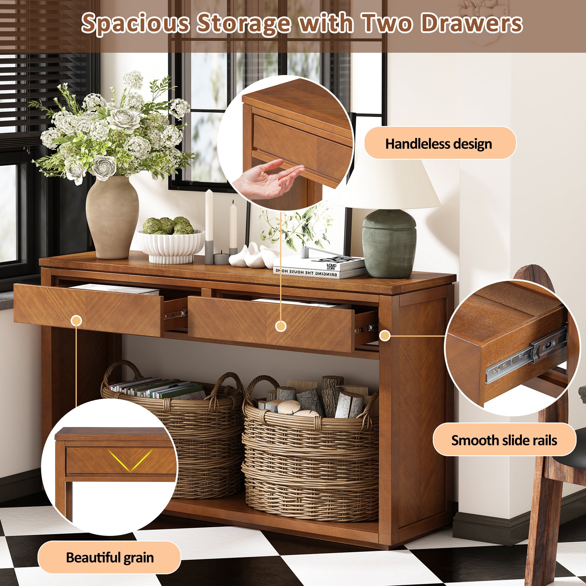 TREXM 55' Console Table, Rustic Wooden Entryway Table with Storage Drawers and Open Shelf, Elegant Sofa Table for Hallway and Living Room (Honey)