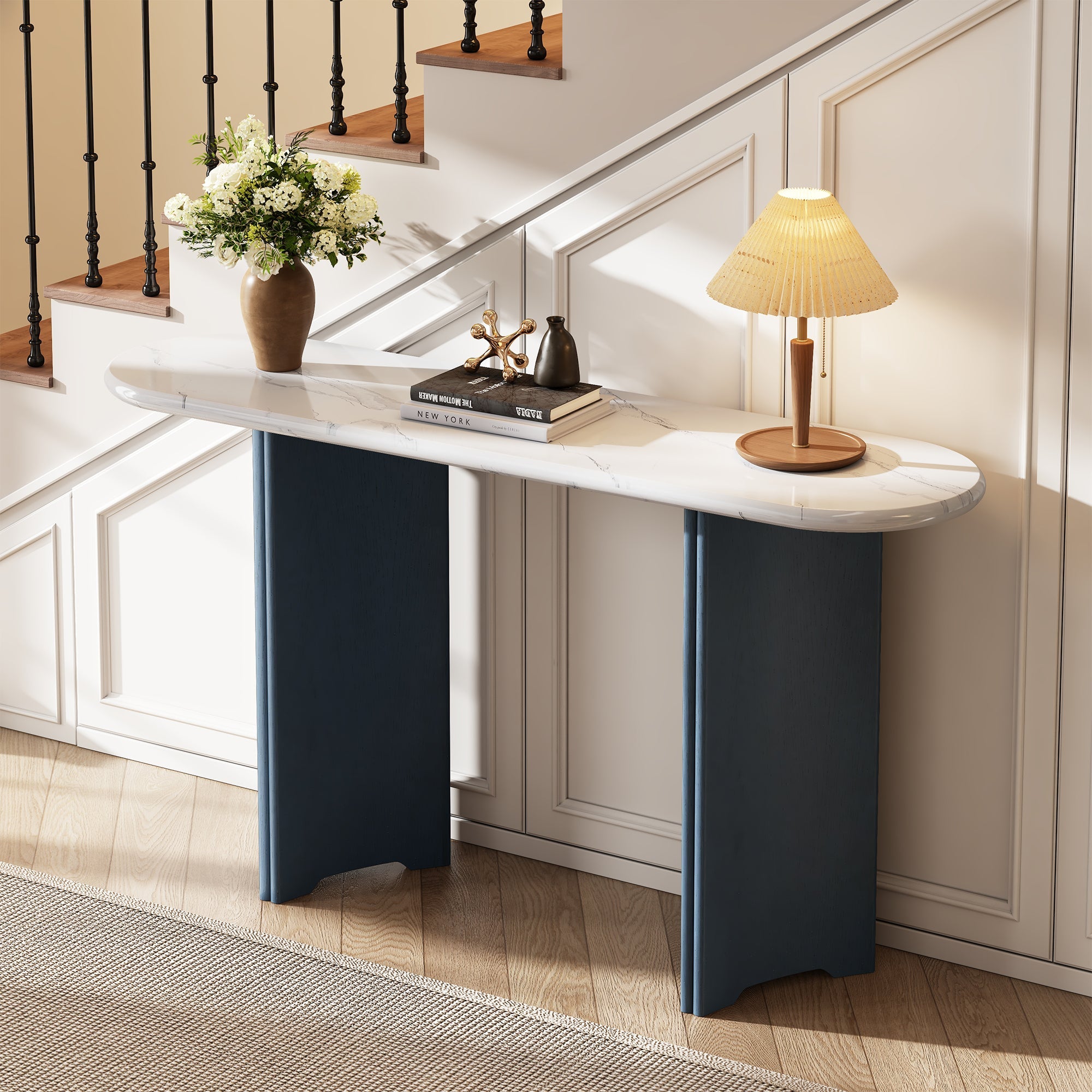 TREXM Narrow Console Table, Entryway Table with Oval Faux Marble Top, Rustic Sofa Table with Curved Legs, Hallway Accent Table for Entrance and Living Room (Navy+White)