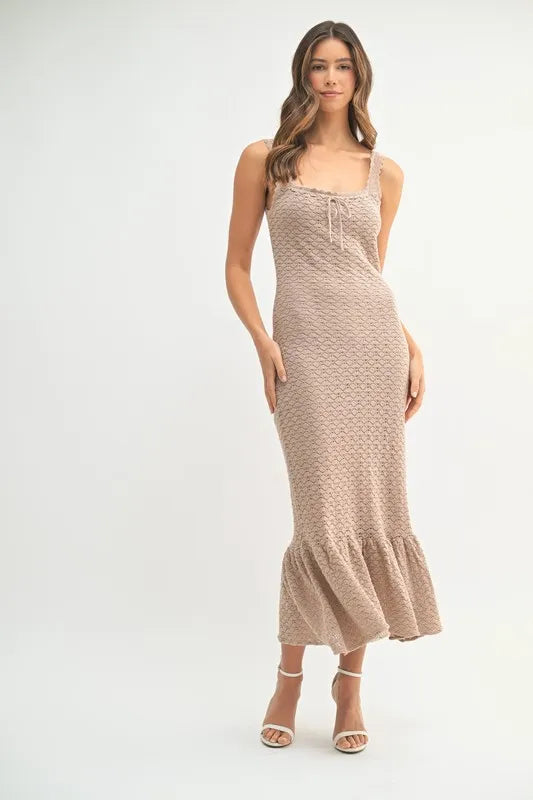 MABLE Ruffled Hem Sleeveless Crochet Knit Midi Dress