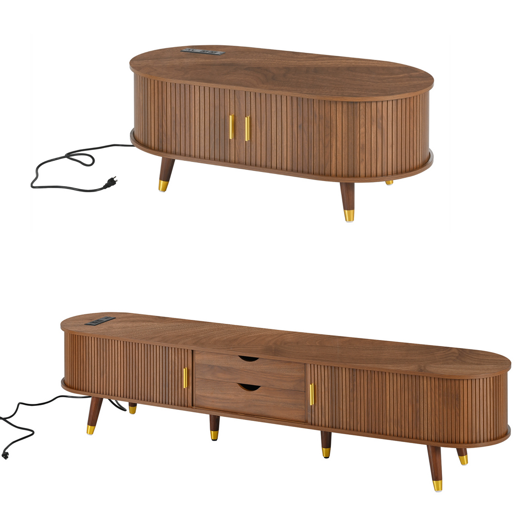 Wooden Farmhouse TV Stand & Coffee Table Set with Charging Station, Oval Fluted Media Console with Sliding Doors for TVs up to 80', Mid-Century Center Table with Solid Wood Legs for Living Room,Walnut
