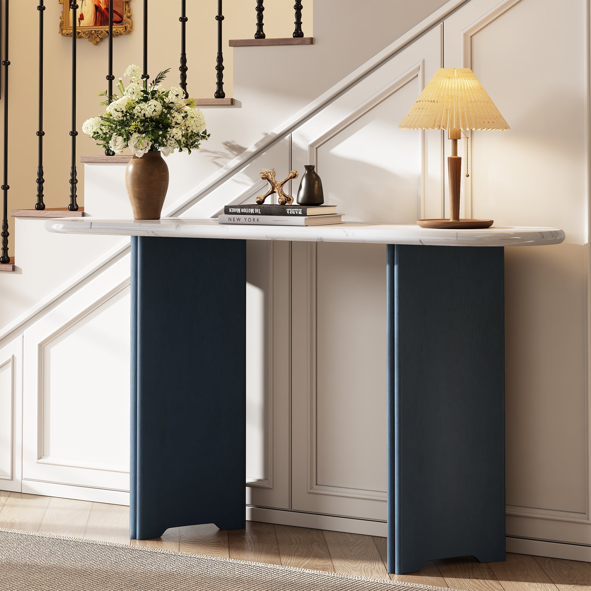 TREXM Narrow Console Table, Entryway Table with Oval Faux Marble Top, Rustic Sofa Table with Curved Legs, Hallway Accent Table for Entrance and Living Room (Navy+White)