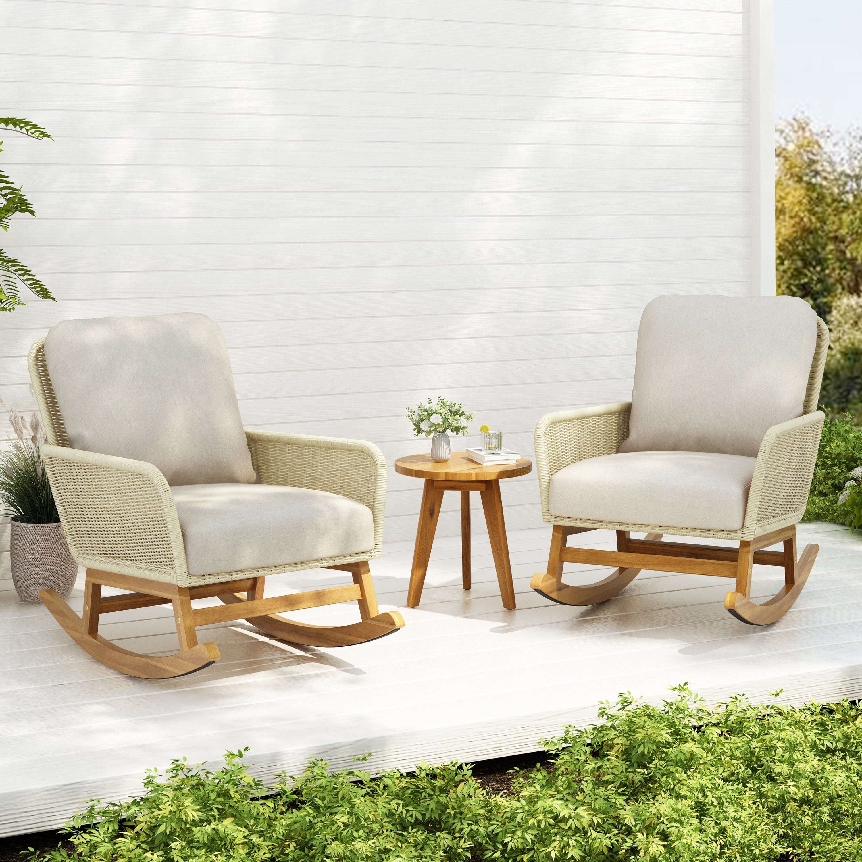 Modern 3-Piece Outdoor Seating Set with Ivory Cushioned PE Rattan Rocking Chairs and Wooden Accent Table, Perfect for Patio or Balcony Relaxation