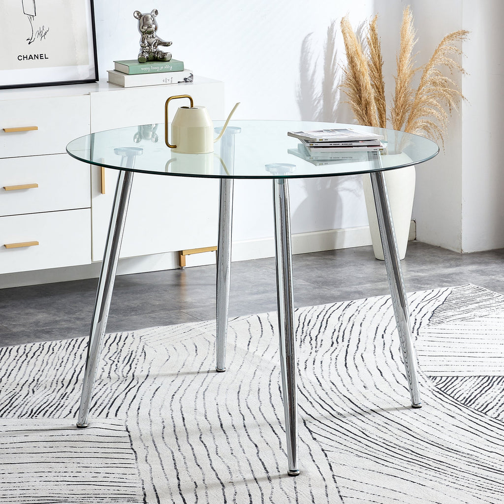 A glass tabletop with a diameter of 40 inches and a modern minimalist circular dining table with silver metal legs.Suitable for living rooms, and conference rooms.W1151S03392
